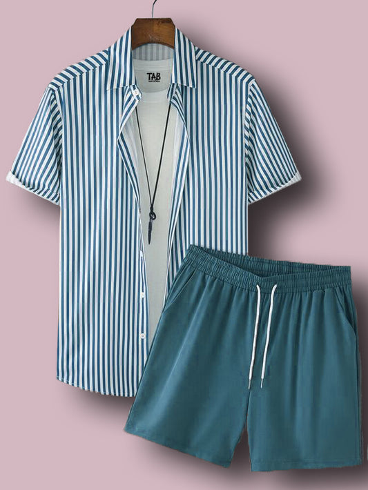 Men's Sky Blue Stripes Shirt & Short Co-Ord Set#26