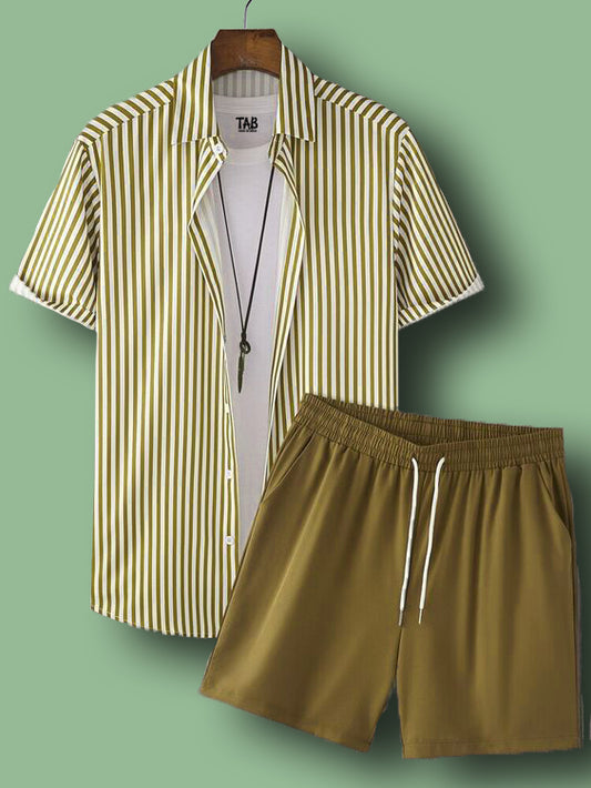 Men's olive green Stripe Shirt & Short Co-Ord Set#22