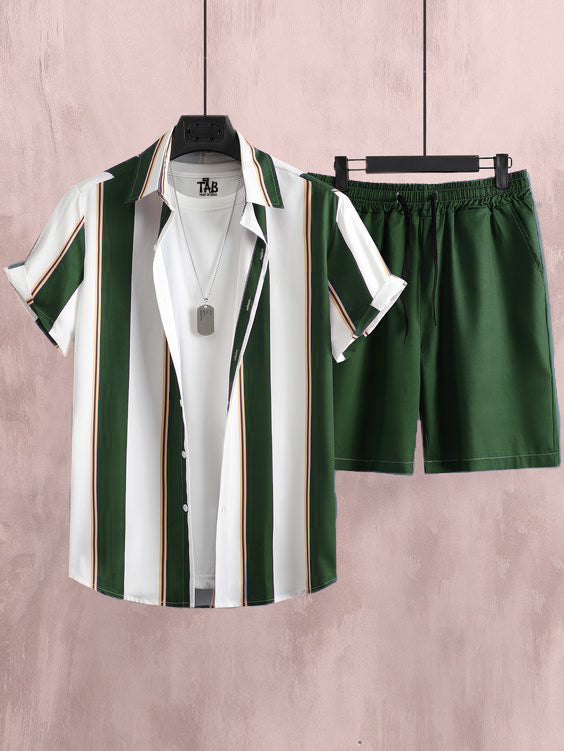 Men's Green Stripe Shirt Shorts Co-Ord Set#10