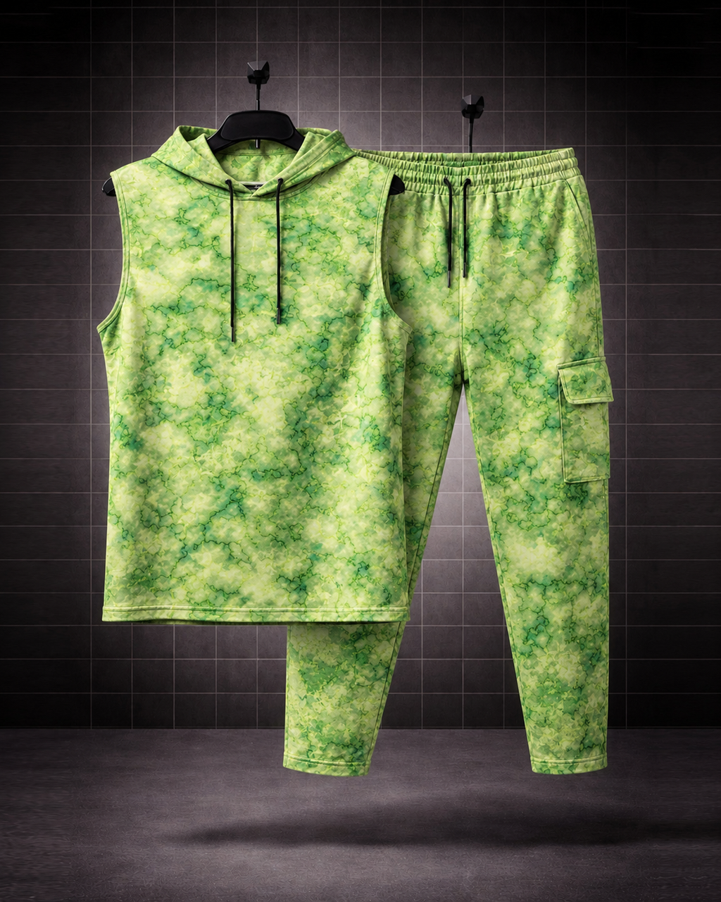 Lime Phantom * Acid-Wash Effect Sleeveless Hoodie & Cargo Jogger Set#6