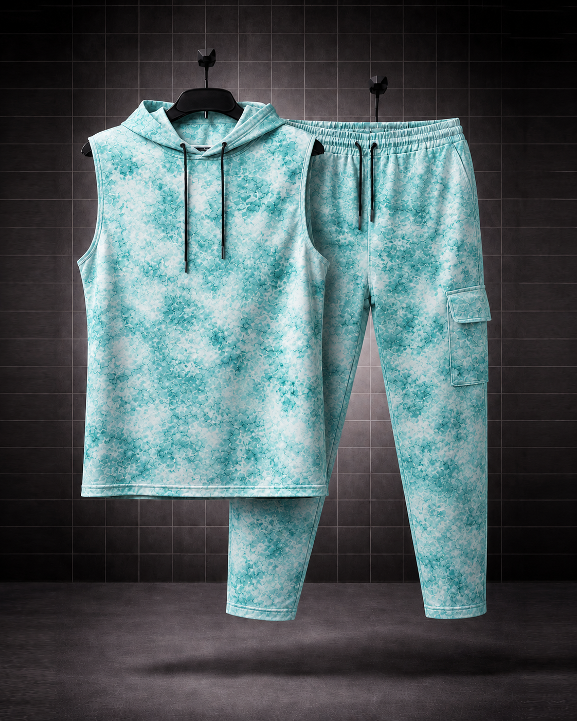 Aqua Phantom* Acid-Wash Effect Sleeveless Hoodie & Cargo Jogger Set#5
