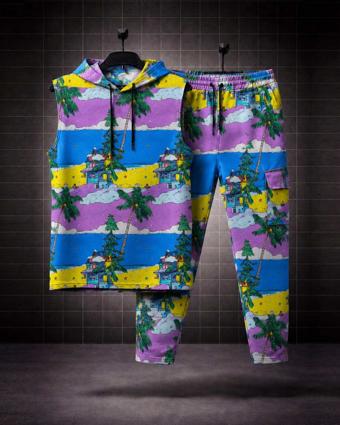 Neon Paradise * Sleeveless Hoodie & Cargo Jogger Set#7