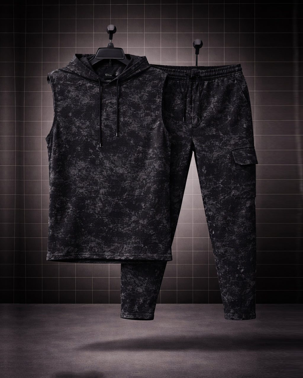 Shadow Terrain * Acid-Wash Effect Sleeveless Hoodie & Cargo Jogger Set#3