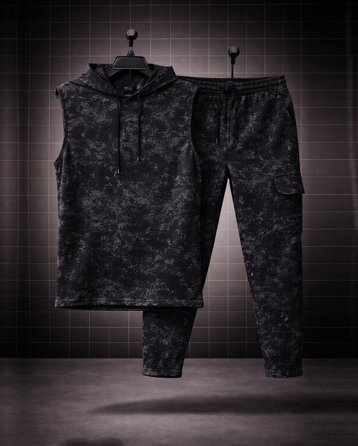 Shadow Terrain * Acid-Wash Effect Sleeveless Hoodie & Cargo Jogger Set#3