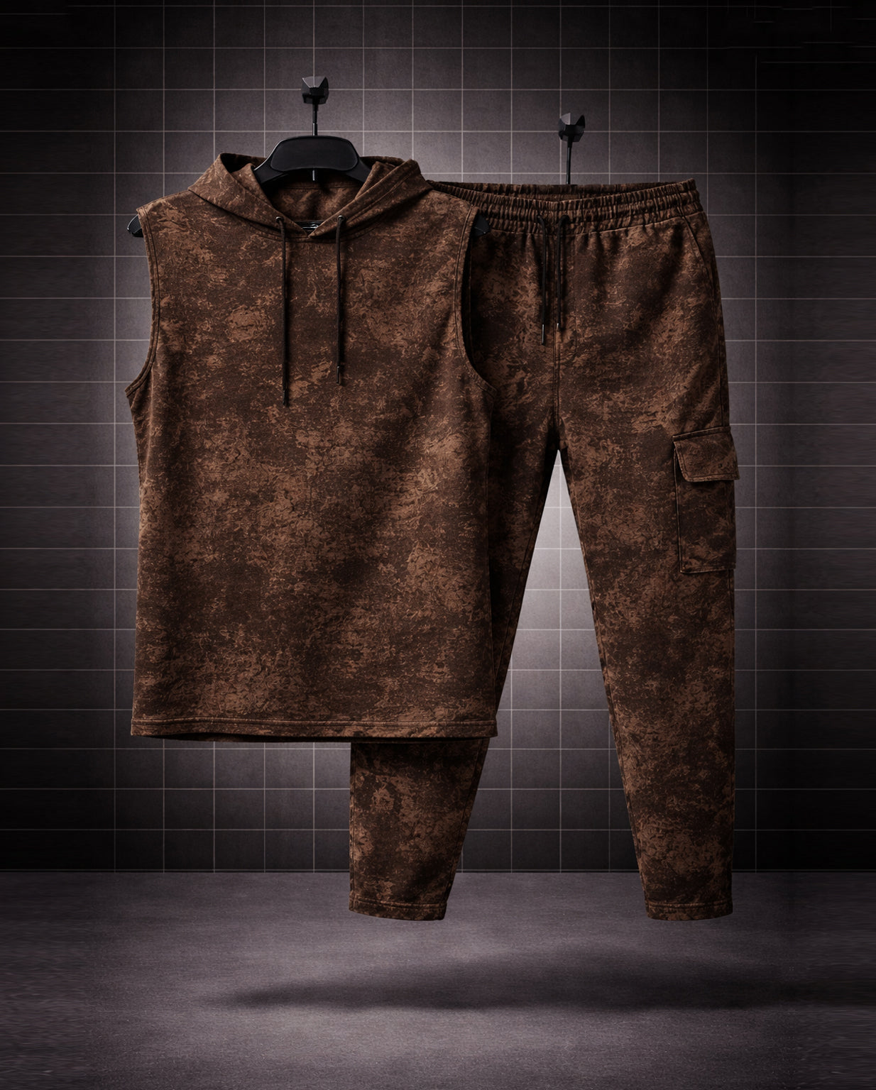 Earth Terrain * Acid-Wash Effect Sleeveless Hoodie & Cargo Jogger Set#2