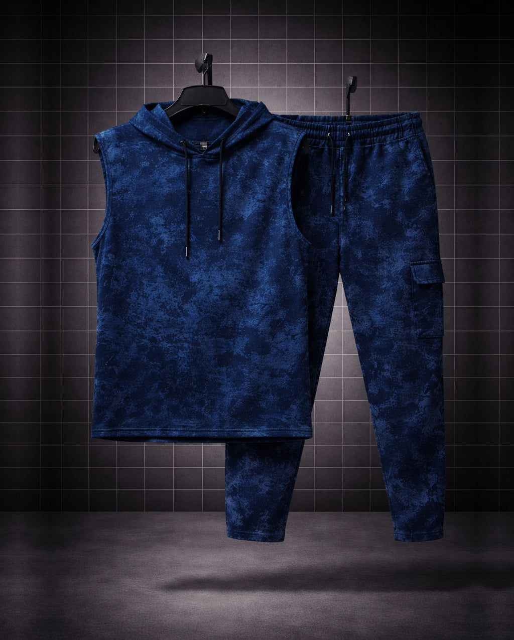 Midnight Shadow * Acid-Wash Effect Sleeveless Hoodie & Cargo Jogger Set#1