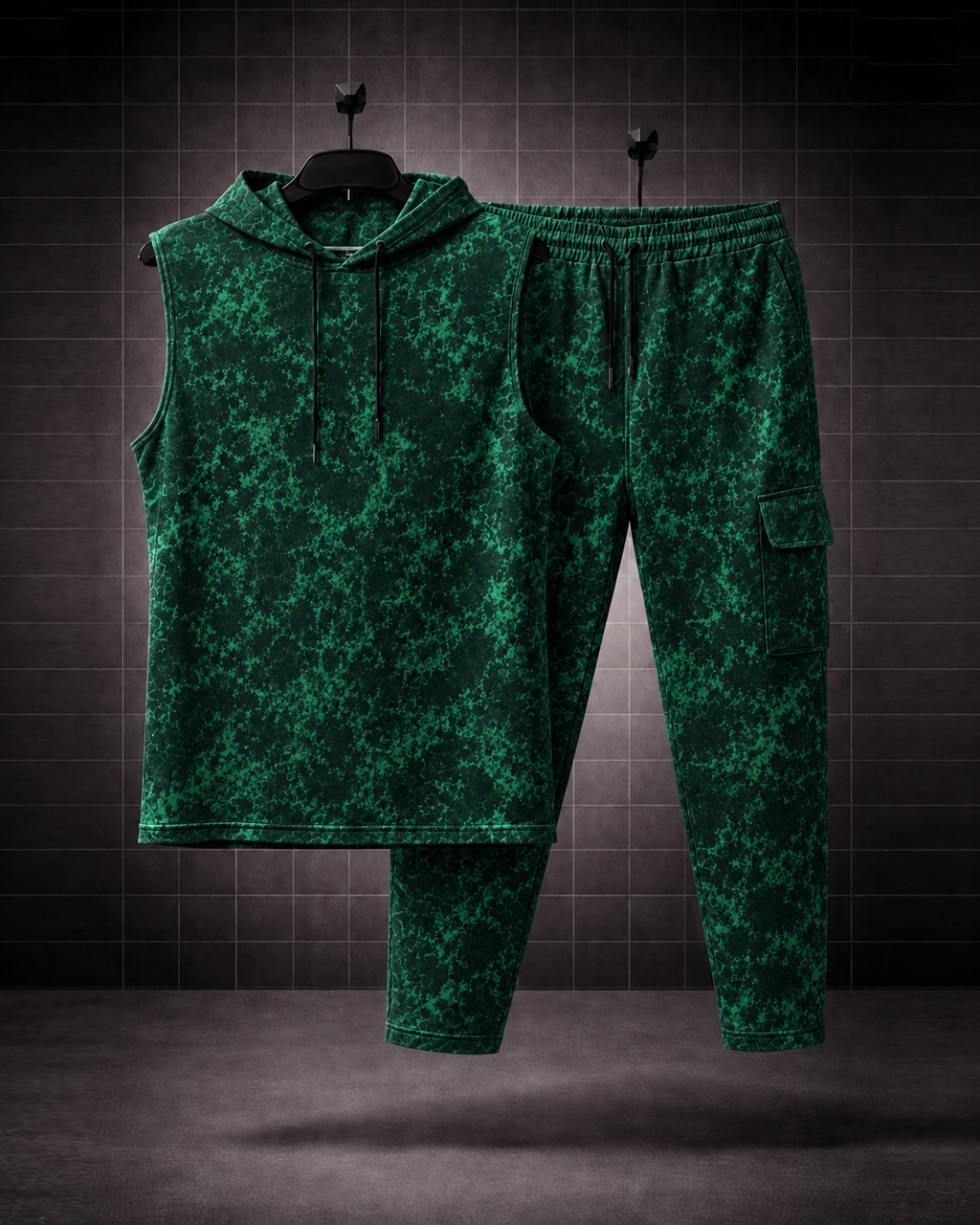 Emerald Phantom* Acid-Wash Effect Sleeveless Hoodie & Cargo Jogger Set#4