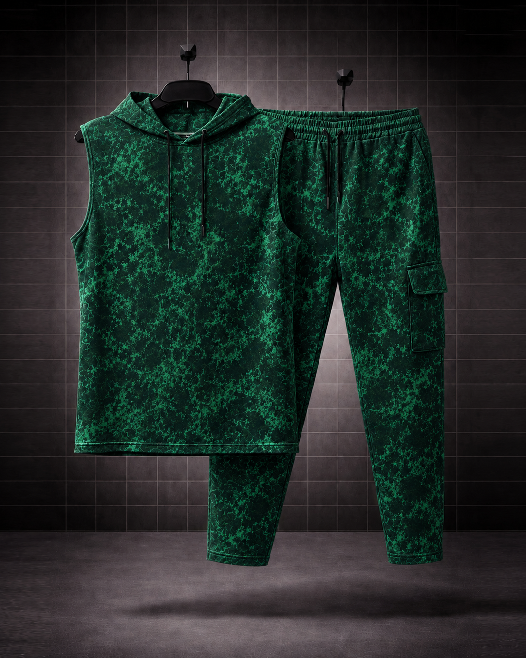 Emerald Phantom* Acid-Wash Effect Sleeveless Hoodie & Cargo Jogger Set#4