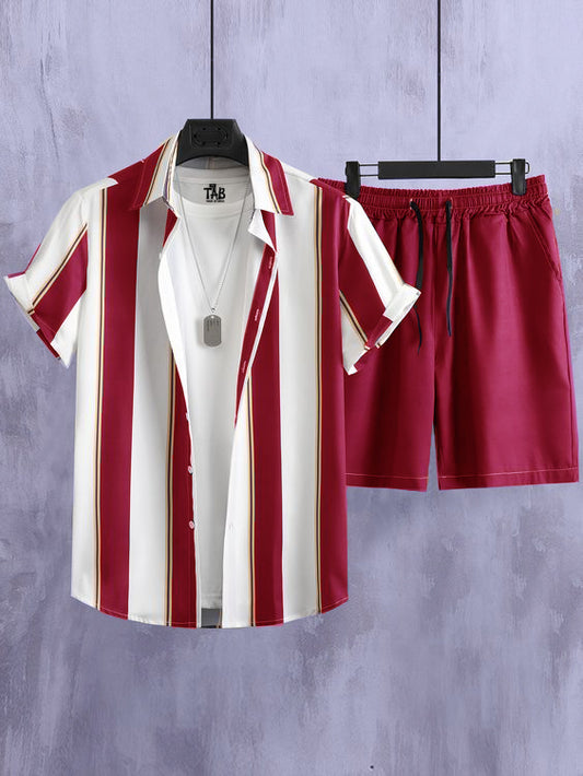 Men's Magenta Stripe Shirt & Shorts Co-Ord Set#5