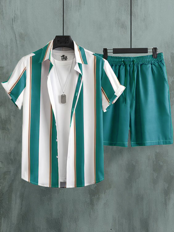 Men's Cyan Stripe Shirt & Shorts Co-Ord Set#6