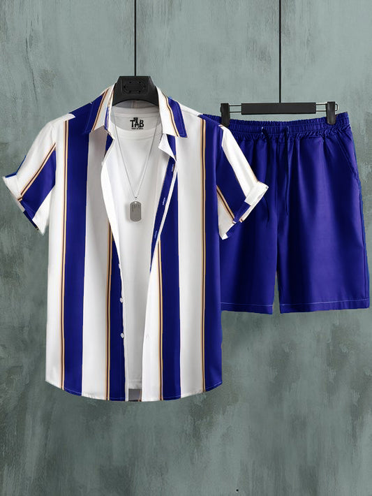 Men's Purple Stripe Shirt & Shorts Co-Ord Set#12
