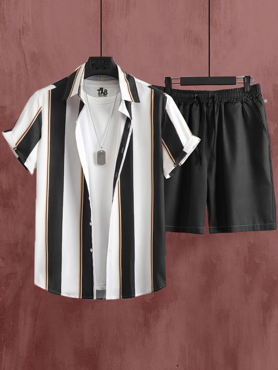 Men's Black Stripe Shirt & Shorts Co-Ord Set#4