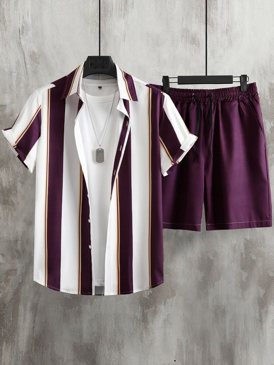 Men's Purple Stripe Shirt & Co-Ord Set#21