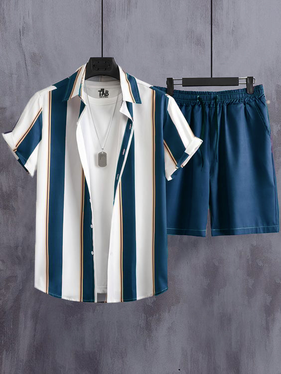Men's Blue Stripe Shirt & Shorts Co-Ord Set#11