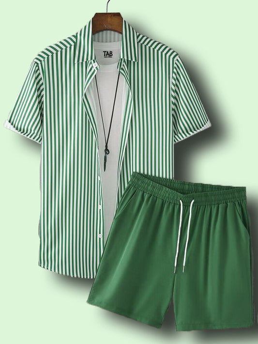 Men's Green Stripe Shirt & Short Co-Ord Set#24