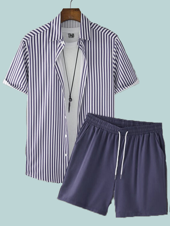 Men's Denim Blue Stripe Shirt & Short Co-Ord Set#23