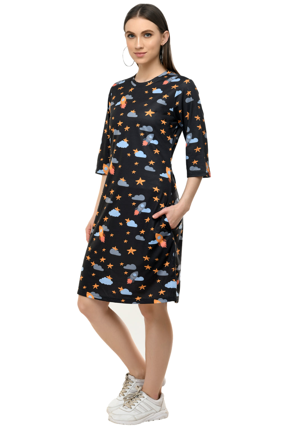 Round Neck Pocket T-shirt Printed Dress#38