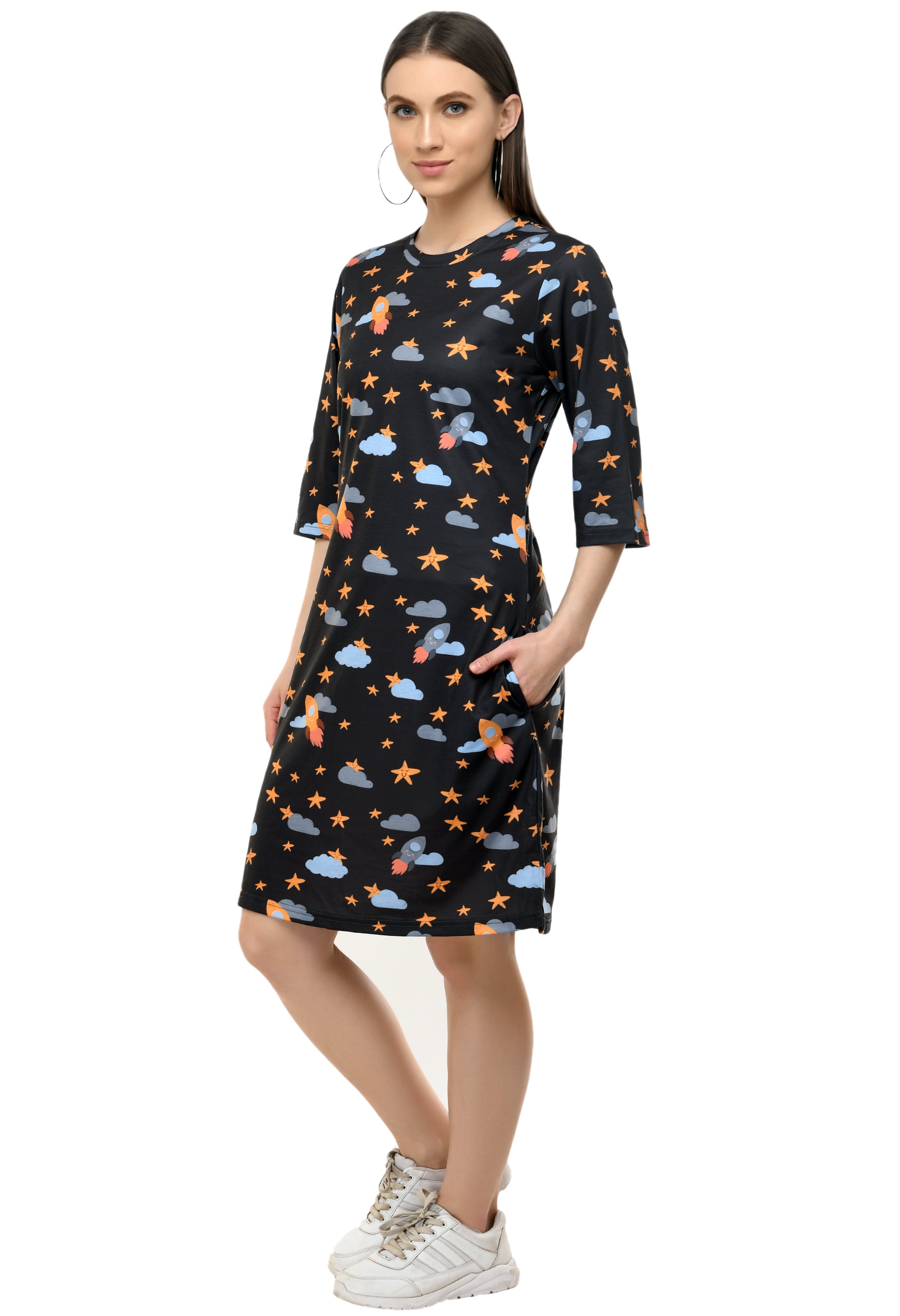 Round Neck Pocket T-shirt Printed Dress#38