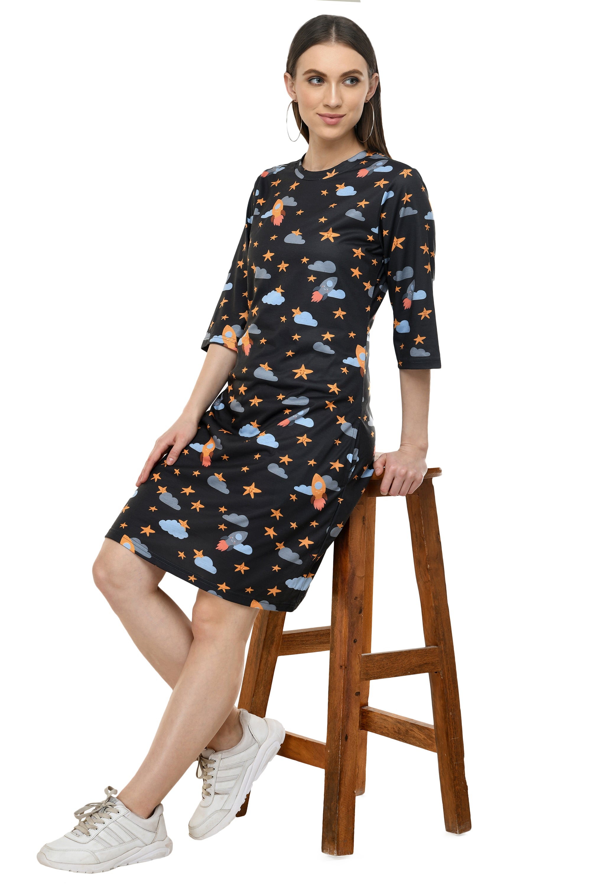 Round Neck Pocket T-shirt Printed Dress#38